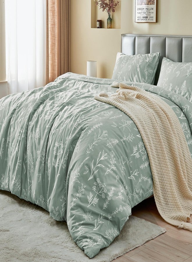 MUXHOMO Duvet Cover Queen Size, Reversible Floral Green Duvet Cover Set with Zipper Closure, 3 Pieces Botanical Patterns Soft Microfiber Bedding Set with 4 Ties (90"x90", 2 Pillow Cases) - Image 4
